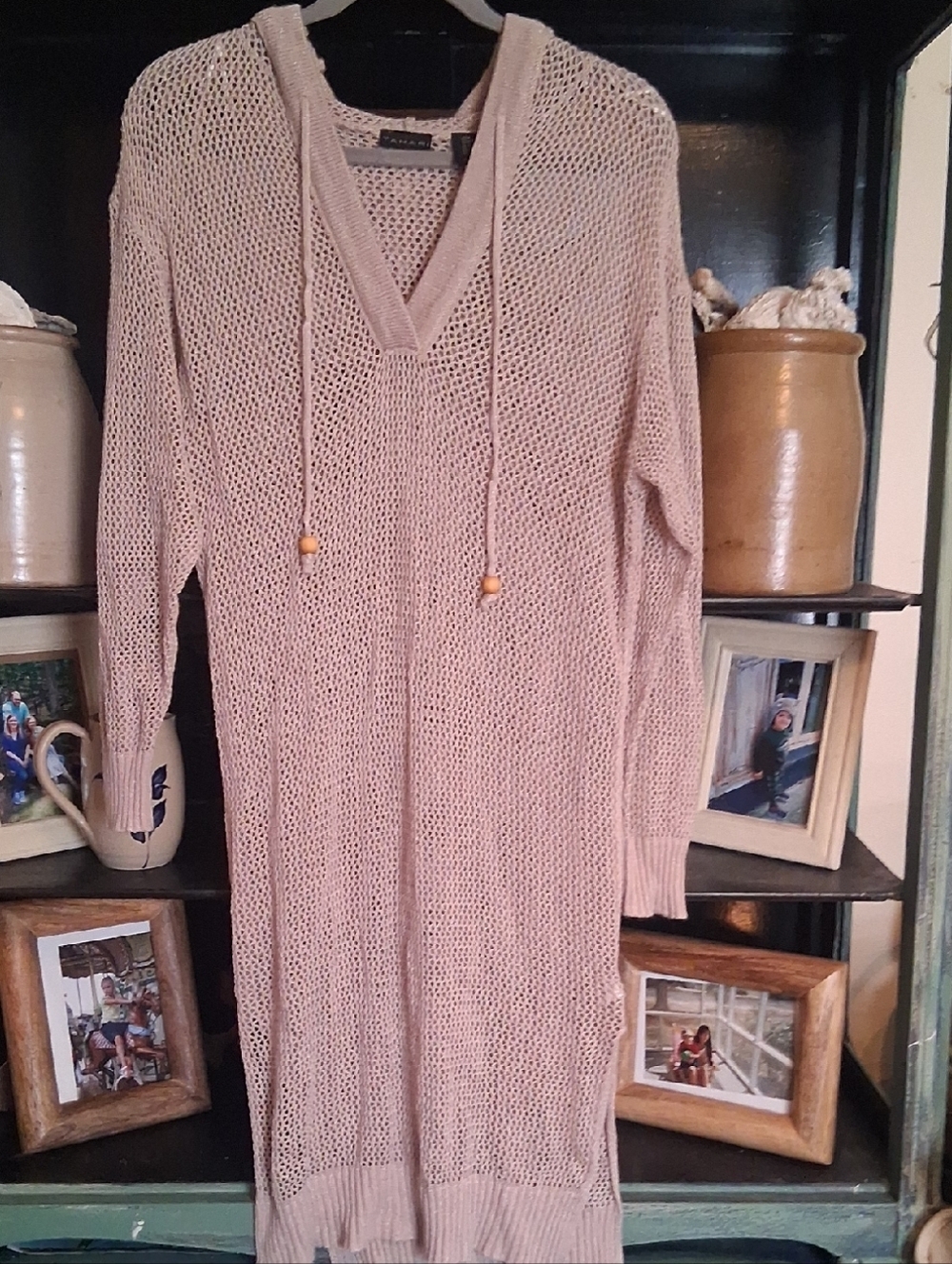 Tahari Beige Open-Knit Hooded Sweater Dress